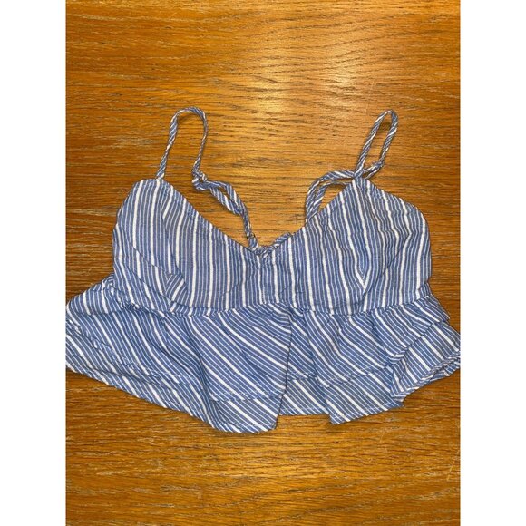 Blue & White Striped Ruffled Crop Top With Tie Back - Picture 1 of 3